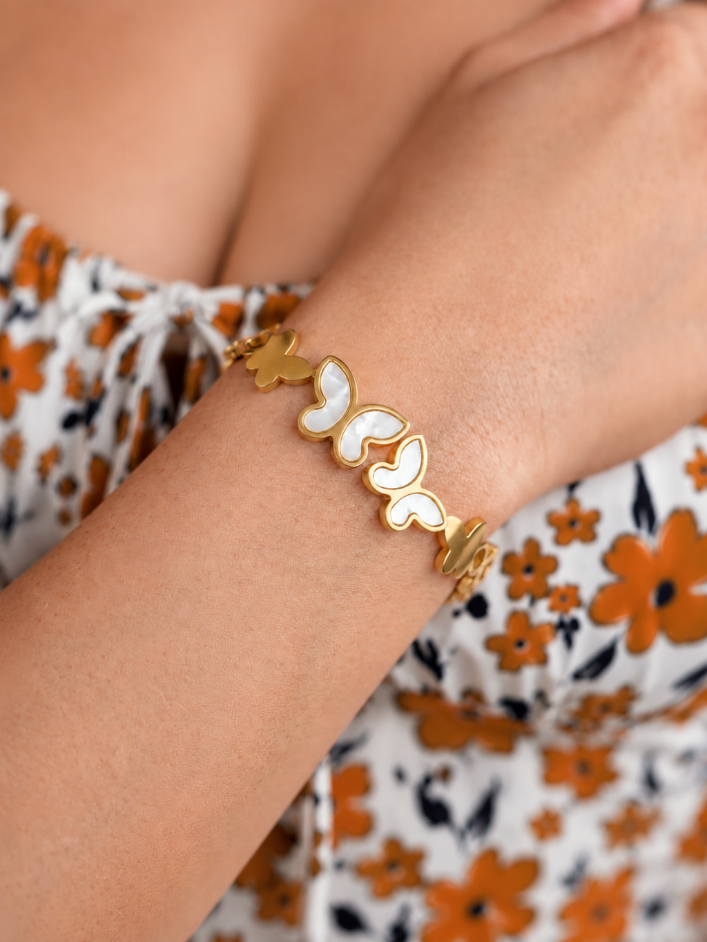 Golden Flutter White Butterfly Bracelet