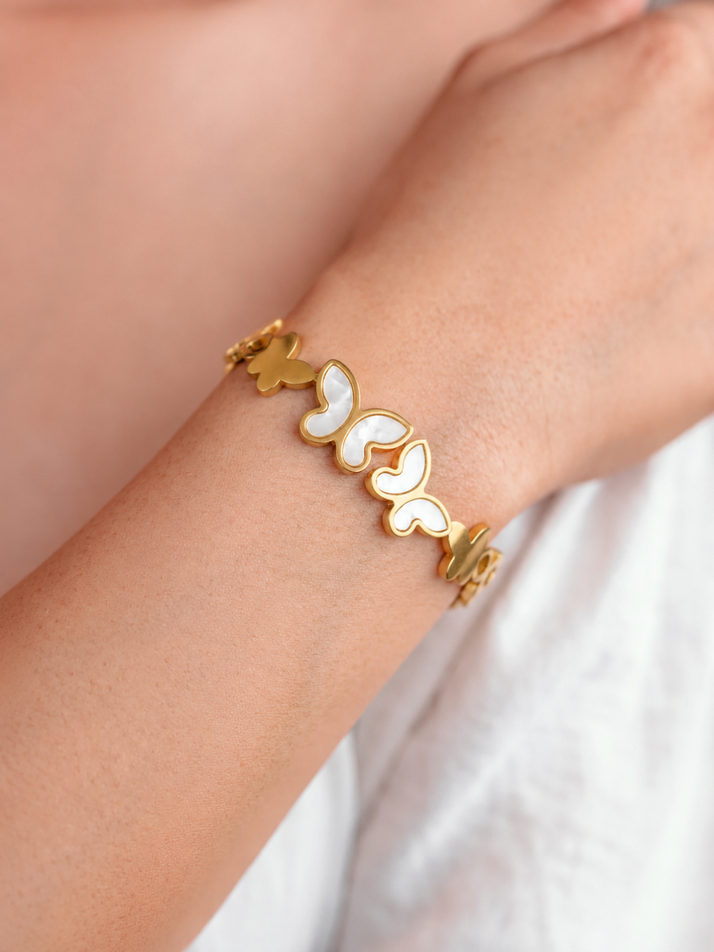 Golden Flutter White Butterfly Bracelet